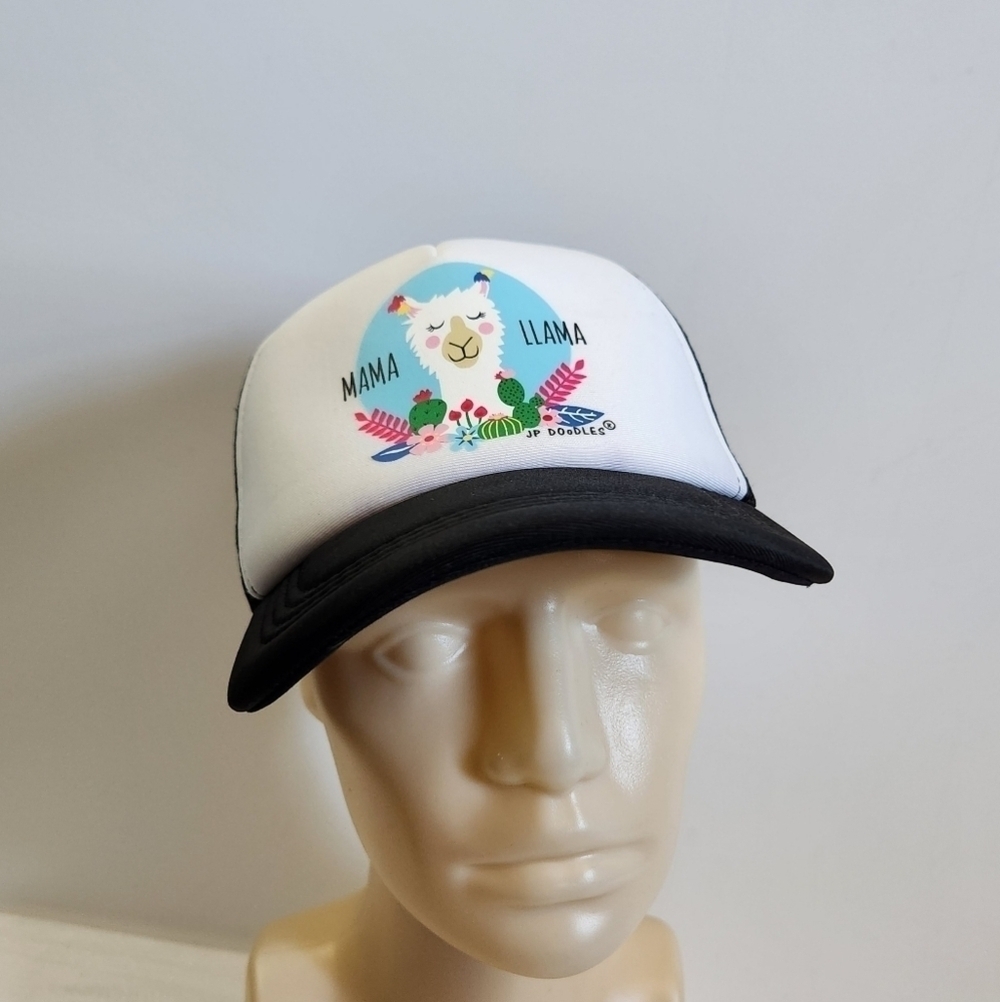 JP Doodles Mama Llama Floral Flower White Black Women's Mesh Trucker Hat Cap